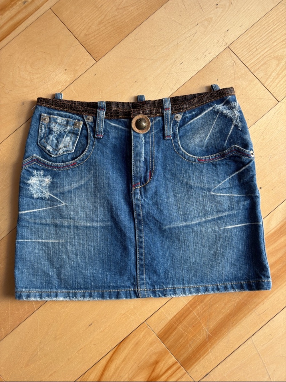 Y2K Vintage Distressed Embroidered Denim Ref Pepper Mini Skirt Blue - XS